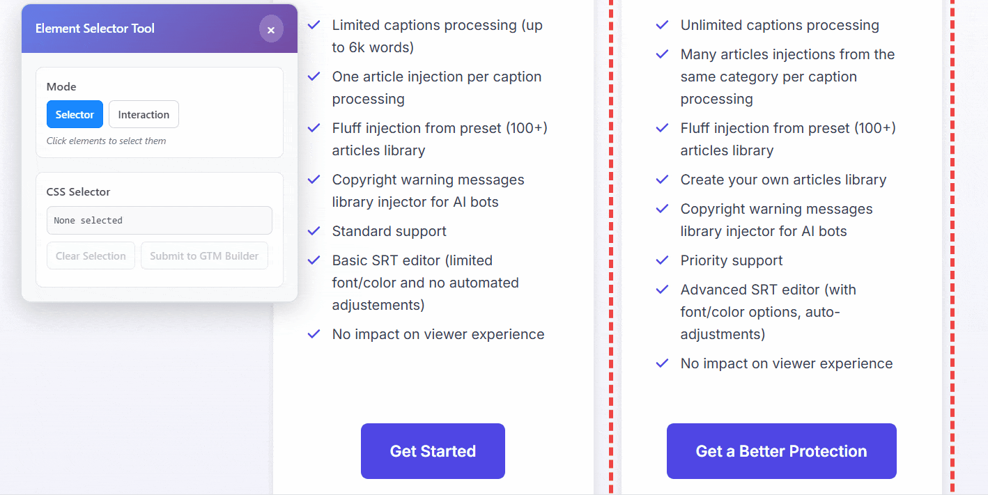 GTM CSS Selector Extension hovering over a page element and capturing a CSS selector
